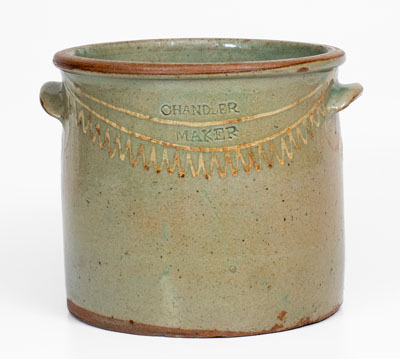 CHANDLER / MAKER (Thomas Chandler, Edgefield District, SC), Alkaline-Glazed Stoneware Cake Crock with Kaolin Slip Decoration, c1850