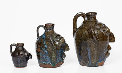 Graduated Group of Three B. B. CRAIG / VALE, N.C. Alkaline-Glazed Stoneware Face Jugs