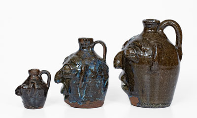 Graduated Group of Three B. B. CRAIG / VALE, N.C. Alkaline-Glazed Stoneware Face Jugs