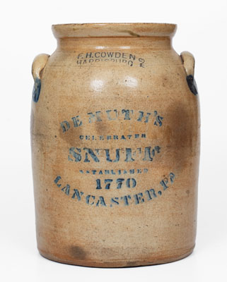 DEMUTH'S SNUFF, LANCASTER, PA Stoneware Crock by F. H. COWDEN / HARRISBURG