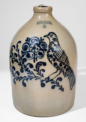 Exceptional J. & E. NORTON / BENNINGTON, VT Stoneware Jug w/ Elaborate Bird and Floral Decoration