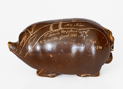 Anna Pottery Pig Flask w/ Incised Railroad Map, Dated 1890