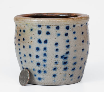 Rare Diminutive Ohio Stoneware Jar w/ Profuse Cobalt Spot Decoration