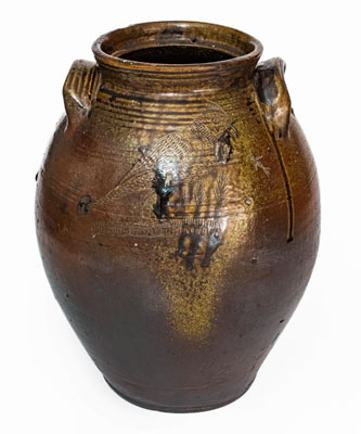 Outstanding Four-Gallon Chester Webster, Randolph Co, NC Stoneware Jar w/ Incised Bird and Dramatic Salt Glaze