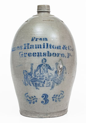 Very Rare James Hamilton & Co. / Greensboro, Pa. Stoneware Jug w/ Elaborate Stenciled Tavern Scene