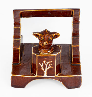 Extremely Rare Akron, Ohio Stoneware Inkstand w/ Pig Stopper Inscribed 