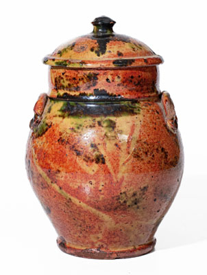 Exceptional New York State Redware Jar w/ Copper Decoration and Domed Lid