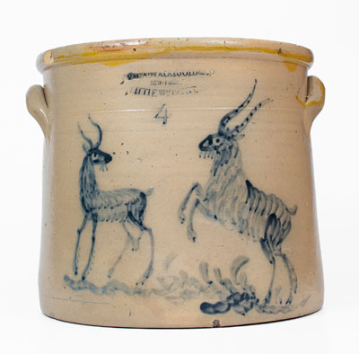Exceptional 4 Gal. W. A. MACQUOID (New York City) Stoneware Crock w/ Elaborate Goats Decoration