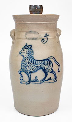 Outstanding J. BURGER JR. / ROCHESTER Stoneware Churn w/ Elaborate Cat Decoration