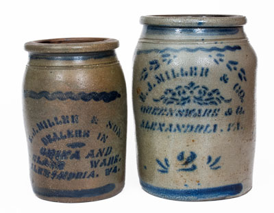 Lot of Two: E. J. MILLER, Alexandria, VA Stenciled Stoneware Advertising Jars