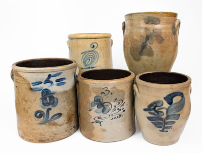 Lot of Five: Midwestern Stoneware Jars with Floral Decoration
