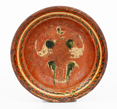 Rare Salem, North Carolina Slip-Decorated Redware Dish, 18th century