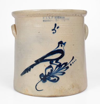 5 Gal. E. & L. P. NORTON / BENNINGTON, VT Stoneware Bird Crock