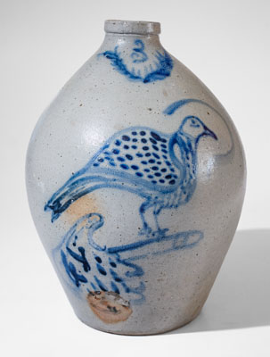Outstanding Ohio Stoneware Jug w/ Bird Perched on a Finger