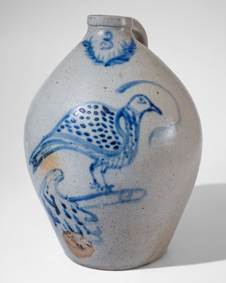 Outstanding Ohio Stoneware Jug w/ Bird Perched on a Finger