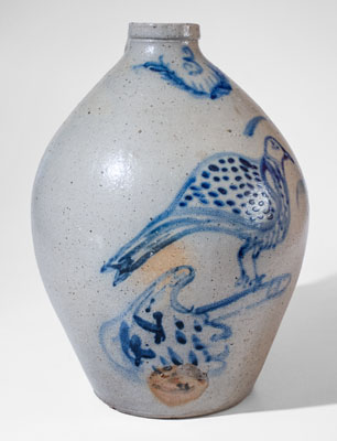 Outstanding Ohio Stoneware Jug w/ Bird Perched on a Finger