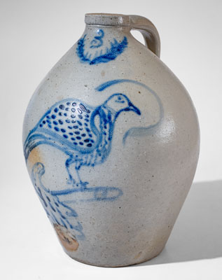 Outstanding Ohio Stoneware Jug w/ Bird Perched on a Finger