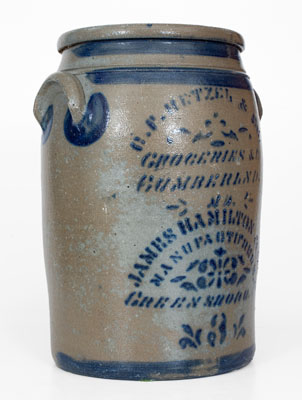 Rare Cumberland, MD Advertising Jar by James Hamilton (Greensboro, PA)