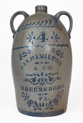 Four-Gallon Double-Handled JAS. HAMILTON / GREENSBORO, PA Stoneware Jug