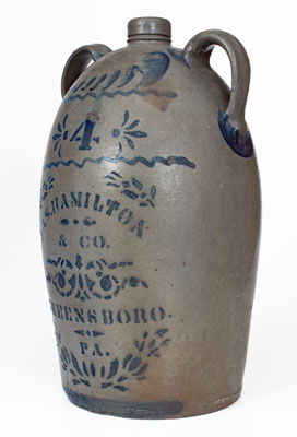 Four-Gallon Double-Handled JAS. HAMILTON / GREENSBORO, PA Stoneware Jug