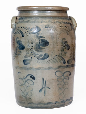 Four-Gallon Western PA Stoneware Jar w/ Elaborate Freehand Decoration