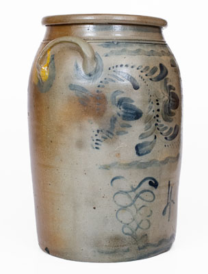 Four-Gallon Western PA Stoneware Jar w/ Elaborate Freehand Decoration