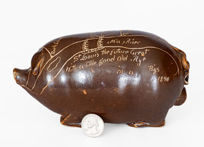 Anna Pottery Pig Flask w/ Incised Railroad Map, Dated 1890