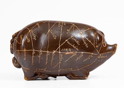 Anna Pottery Pig Flask w/ Incised Railroad Map, Dated 1890