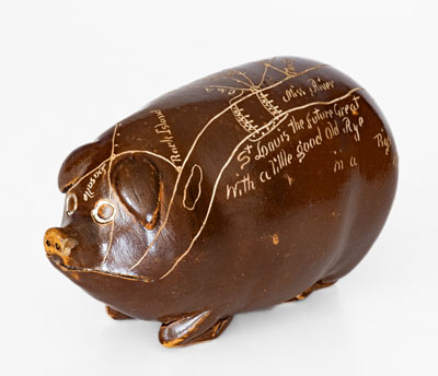 Anna Pottery Pig Flask w/ Incised Railroad Map, Dated 1890