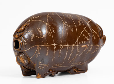 Anna Pottery Pig Flask w/ Incised Railroad Map, Dated 1890