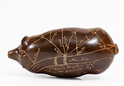 Anna Pottery Pig Flask w/ Incised Railroad Map, Dated 1890