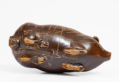 Anna Pottery Pig Flask w/ Incised Railroad Map, Dated 1890