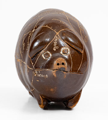 Anna Pottery Pig Flask w/ Incised Railroad Map, Dated 1890