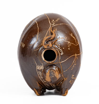 Anna Pottery Pig Flask w/ Incised Railroad Map, Dated 1890