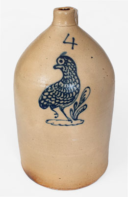 New York Stoneware Jug w/ Elaborate Slip-Trailed Game Bird Decoration, Penn Yan / Geddes