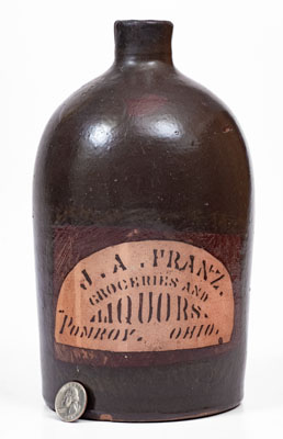 Scarce Pomroy, OH Tanware Advertising Jug, New Geneva or Greensboro, PA origin