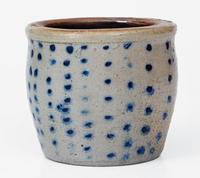 Rare Diminutive Ohio Stoneware Jar w/ Profuse Cobalt Spot Decoration