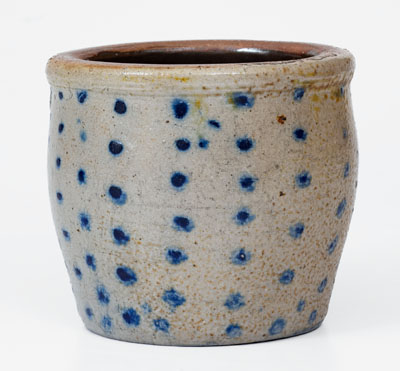 Rare Diminutive Ohio Stoneware Jar w/ Profuse Cobalt Spot Decoration