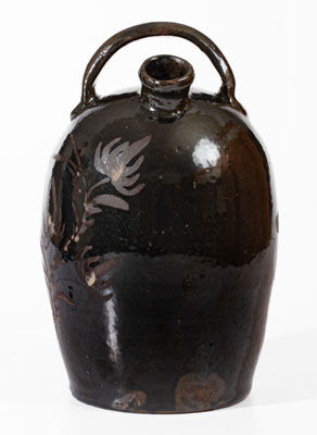 Extremely Rare Albany-Glazed Harvest Jug w/ White-Slip Floral Decoration, attrib. Hissong, Cassville, PA