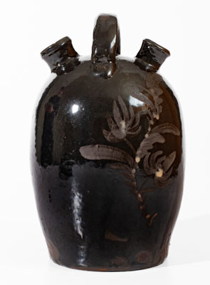 Extremely Rare Albany-Glazed Harvest Jug w/ White-Slip Floral Decoration, attrib. Hissong, Cassville, PA