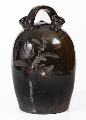 Extremely Rare Albany-Glazed Harvest Jug w/ White-Slip Floral Decoration, attrib. Hissong, Cassville, PA