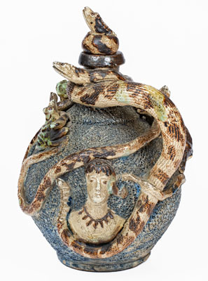 Important Anna Pottery Stoneware Snake Jug w/ Elaborate Applied Figural and Brushed Cobalt Decoration