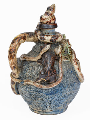 Important Anna Pottery Stoneware Snake Jug w/ Elaborate Applied Figural and Brushed Cobalt Decoration
