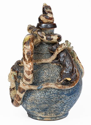 Important Anna Pottery Stoneware Snake Jug w/ Elaborate Applied Figural and Brushed Cobalt Decoration