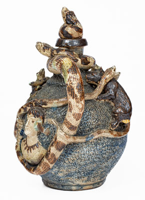 Important Anna Pottery Stoneware Snake Jug w/ Elaborate Applied Figural and Brushed Cobalt Decoration