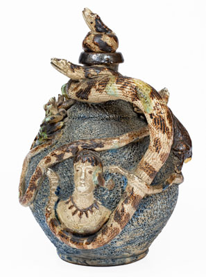 Important Anna Pottery Stoneware Snake Jug w/ Elaborate Applied Figural and Brushed Cobalt Decoration
