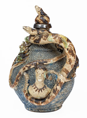 Important Anna Pottery Stoneware Snake Jug w/ Elaborate Applied Figural and Brushed Cobalt Decoration