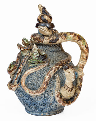 Important Anna Pottery Stoneware Snake Jug w/ Elaborate Applied Figural and Brushed Cobalt Decoration