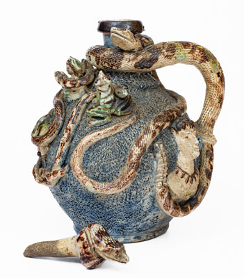 Important Anna Pottery Stoneware Snake Jug w/ Elaborate Applied Figural and Brushed Cobalt Decoration