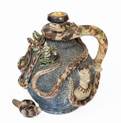 Important Anna Pottery Stoneware Snake Jug w/ Elaborate Applied Figural and Brushed Cobalt Decoration
